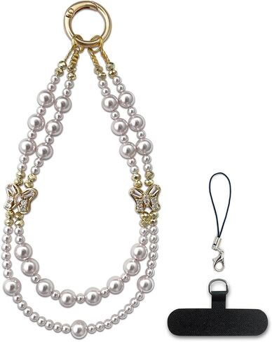 Beaded Pearl Phone Charm Lanyard Strap Butterfly Bow Beaded Phone Bracelet Wrist Strap Phone Wristlet Handmade Phone Chain for iPhone in Kuwait