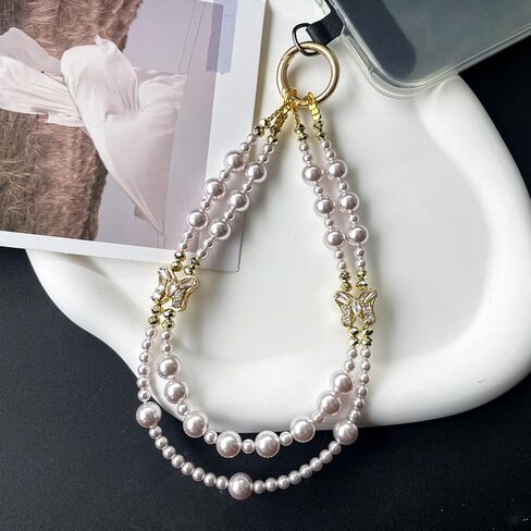 Beaded Pearl Phone Charm Lanyard Strap Butterfly Bow Beaded Phone Bracelet Wrist Strap Phone Wristlet Handmade Phone Chain for iPhone in Kuwait
