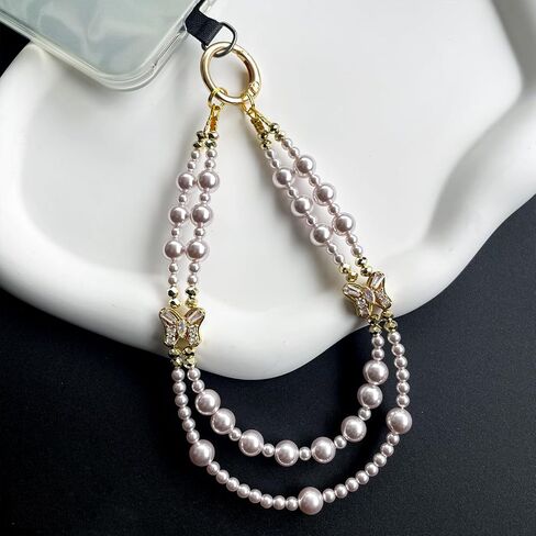 Beaded Pearl Phone Charm Lanyard Strap Butterfly Bow Beaded Phone Bracelet Wrist Strap Phone Wristlet Handmade Phone Chain for iPhone in Kuwait