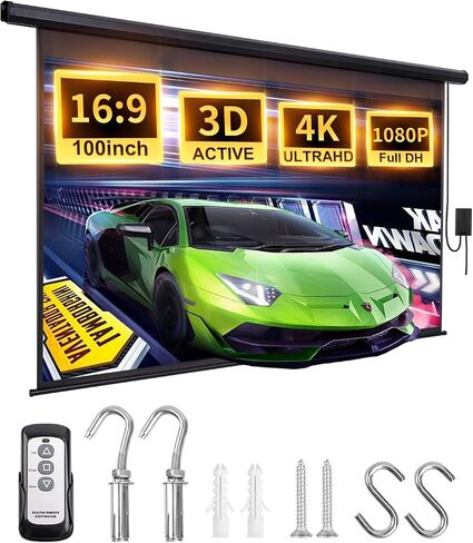 Motorized Projector Screen Pull Down 120 Inch Automatic Projector Screen with Remote Control and Ceiling Mount Hooks, Electric Projection Screen Retractable Black Movie Screen 4:3 Outdoor Indoor in Kuwait