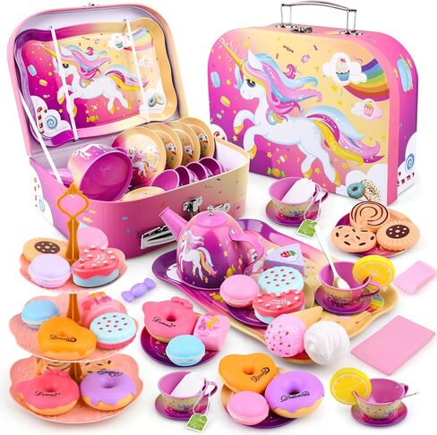 Auney Tea Set Toys for Girls 36pcs, Tin Unicorn Tea Party Set Toy Pretend Play Gifts for Little Girls Age 3-6, Kids Girls Toys Gifts for Tea Party Time Including Tea Set Carrying Case (Unicorn Toy) in Saudi Arabia