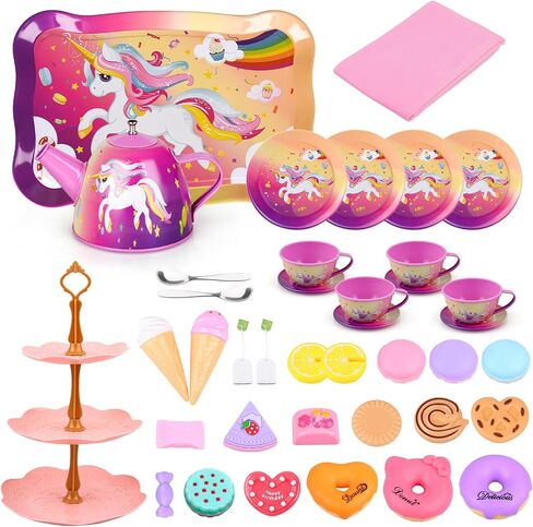 Auney Tea Set Toys for Girls 36pcs, Tin Unicorn Tea Party Set Toy Pretend Play Gifts for Little Girls Age 3-6, Kids Girls Toys Gifts for Tea Party Time Including Tea Set Carrying Case (Unicorn Toy) in Saudi Arabia