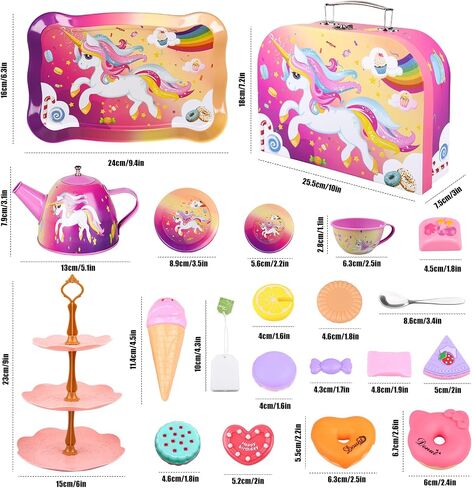 Auney Tea Set Toys for Girls 36pcs, Tin Unicorn Tea Party Set Toy Pretend Play Gifts for Little Girls Age 3-6, Kids Girls Toys Gifts for Tea Party Time Including Tea Set Carrying Case (Unicorn Toy) in Saudi Arabia