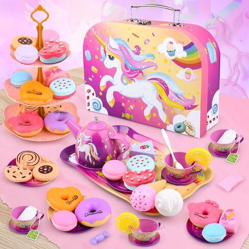 Auney Tea Set Toys for Girls 36pcs, Tin Unicorn Tea Party Set Toy Pretend Play Gifts for Little Girls Age 3-6, Kids Girls Toys Gifts for Tea Party Time Including Tea Set Carrying Case (Unicorn Toy) in Saudi Arabia