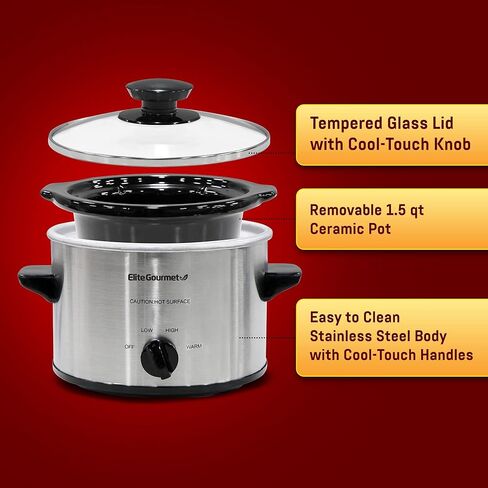 Bundle of Elite Gourmet MST-250XW 1.5 Quart Electric Slow Cooker Ceramic Pot, White + Elite Gourmet MST-250XS 1.5 Quart Slow Cooker, Stainless Steel, Adjustable Temp, Dishwasher Safe Glass Lid in Saudi Arabia