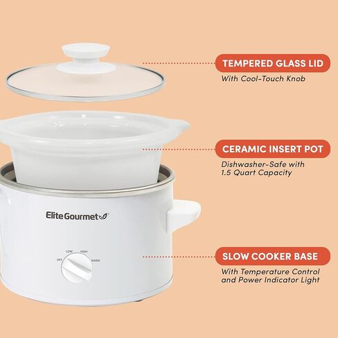 Bundle of Elite Gourmet MST-250XW 1.5 Quart Electric Slow Cooker Ceramic Pot, White + Elite Gourmet MST-250XS 1.5 Quart Slow Cooker, Stainless Steel, Adjustable Temp, Dishwasher Safe Glass Lid in Saudi Arabia