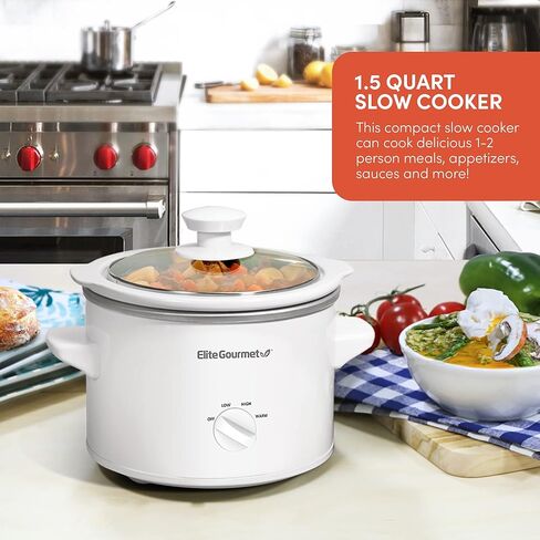 Bundle of Elite Gourmet MST-250XW 1.5 Quart Electric Slow Cooker Ceramic Pot, White + Elite Gourmet MST-250XS 1.5 Quart Slow Cooker, Stainless Steel, Adjustable Temp, Dishwasher Safe Glass Lid in Saudi Arabia