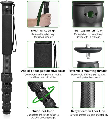 FANAUE MD-01 Camera Monopod with 1/4"-20 and 3/8"-16 Threads, Carbon Fiber Monopod for Canon Nikon Sony and DSLR Cameras, Lightweight Travel Monopod Load 10kg/22lbs, Great for Outdoor Photography in Saudi Arabia