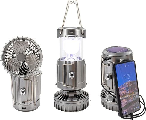 Large Solar Lantern Powered LED Light & Fan - 6 in 1 Portable Collapsible Rechargeable Camping Lamp W/ Fan, Charging Station & Battery Backup Indoor Outdoor - Large Size, Silver in Saudi Arabia