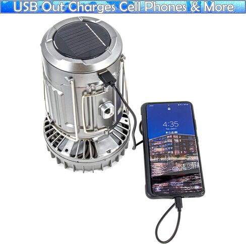 Large Solar Lantern Powered LED Light & Fan - 6 in 1 Portable Collapsible Rechargeable Camping Lamp W/ Fan, Charging Station & Battery Backup Indoor Outdoor - Large Size, Silver in Saudi Arabia