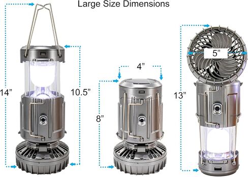 Large Solar Lantern Powered LED Light & Fan - 6 in 1 Portable Collapsible Rechargeable Camping Lamp W/ Fan, Charging Station & Battery Backup Indoor Outdoor - Large Size, Silver in Saudi Arabia