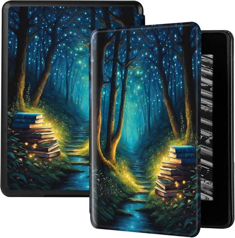 Cover for Kindle Paperwhite 12th Gen 2024 Cover Flip Silicone Cover Kindle Colorsoft Auto Wake Up or Sleep PU TPU Case Forest Luminous Book Cat Girl Pattern Signature Edition Cover 7" (Color 1) in Saudi Arabia