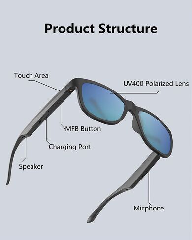 Bluetooth Sunglasses Smart Sunglasses, Open Ear Style Smart Glasses, Bluetooth 5.0 Audio Glasses IPX5 Waterproof for iOS, Android etc. in Saudi Arabia