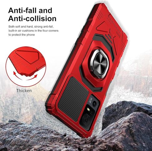 حالة TJS لـ TCL 40 XL و T608DL ، وحيدة Jitterbug Smart4 - واقي شاشة زجاجي مُفجر ، واقي قطرة معدنية رينجستاند (أحمر) (أحمر) in Kuwait