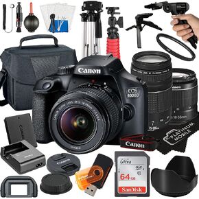 Canon EOS 4000D / REBEL T100 DSLR كاميرا مع 18-55 مم + 75-300 مم + بطاقة 64 جيجابايت + حزمة TRUPOD + CASE + MEGAACCESSORY BUNDLE (حزمة 22PC) (متجددة)