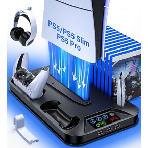 PS5/Slim/Pro Cooling Station, PS5 Slim Pro Cooling Stand with Controller Charging Station for PlayStation 5 Console, PS5 Cooling Accessories incl. Cooler Fan, USB Hubs, Headset Holder