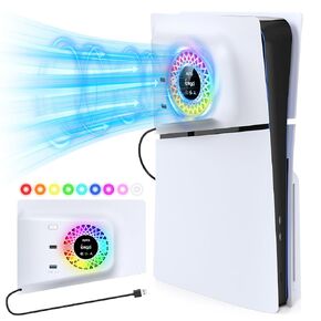 PS5 Slim Cooling Fan with RGB Lights, Temperature Sensor, 3 Speed Settings, USB 3.0 Hub