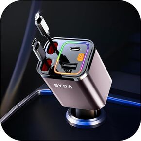 [2025 Mirco-Version] 4 in 1 Retractable Car Charger,69W Car Charger USB C,Cigarette Lighter Adapter,Fast Charging for iPhone 16e/16/15/14,13,Samsung Galaxy,iPad,Pixel (Black, for Lightning+USB-C)