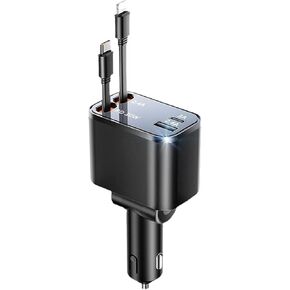شاحن سيارة قابل للسحب ، 4 في 1 شاحن هاتف سريع للسيارة مع 2 الحبال 30W USB-C محول شاحن سيارة iPhone 16/14/14/12/12/PRO MAX ، iPad ، Samsung Galaxy S25/S24/S23 ، MacBook ، الكمبيوتر المحمول (أسود)