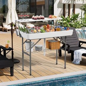 Party Ice Cooler Folding Table (Come with 5L Bucket), Portable Ice Table Matching Skirt, Portable Camping Table for Party, BBQ, Picnic