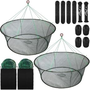 Lasnten 2 Set Portable Foldable Fishing Net Set, 2 Open Mouth Nets, 4 Bait Cages, Durable Crab Net Fish Nylon Net, Good for Freshwater & Saltwater Fishing, Includes Drawstring Bags and Safety Ropes
