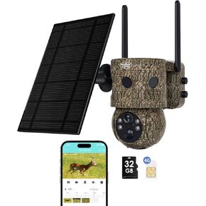 4G LTE Cellular Trail Camera,2K /360° Live Stream Camera & 24/7 Recording,with 180° PIR Intrusion Detection and 7.5W Solar Panel by App Control Inculdes 32G SD&SIM Card