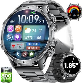 Military Smart Watch for Men,1.85" HD/800mAh Battery Smart Watches with LED Flashlight for Android iOS (Bluetooth Call Answer/Calls)Fitness Tracker with Heart Rate/Sleep Tracking/Blood Oxygen Black