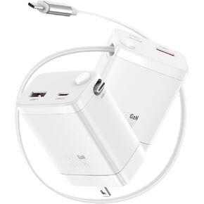 30W Retractable Wall Charger with USB C Cable 2.1FT, 2-Port USB Block 3 in 1 Travel Essentials,for iPhone Charger Fast Charging Plug for iPhone 16/15/14/13/12/11 Series,Apple Watch,iPad,LG,Samsung