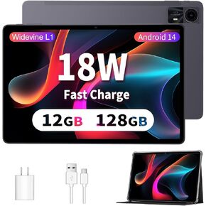 Tablets 11 inch Android 14 Tablet with Case, Octa-core 12GB RAM+128GB ROM,8000mAh Tablet with Dual Band WiFi/BT 5.0/GPS/PD Fast Charge/FM Radio - Black
