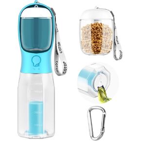 Portable Dog Water Bottle 20oz, Dog Water Dispenser with Food Container & Poop Bag Holder,BPA-Free Food Grade Leak Proof Dog Cat Travel Drink Bottle Bowl, Pet Outdoor Drinking Cup Dog Gift