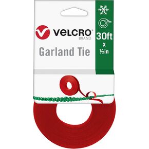 VELCRO Brand Holiday Garland Ties or Cable Straps | Hang Garlands, Lights or Wreath | for Banister, Railings, Stairs or Lamp Posts | 30ft Roll Cut to Custom Length | Red