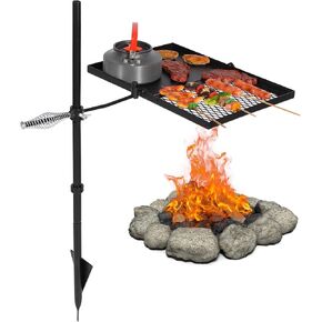 Lineslife Swivel Campfire Grill Grate and Griddle, Adjustable Fire Pit Grill Grate Over Fire Pit, Camp Fire Cooking Equipment with Carrying Bag for Outdoor Camping BBQ, Rectangle Black