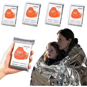بطانيات حرارية طارئة من Mylar ذات 4 عبوات - معدات البقاء على قيد الحياة المقاومة للماء للتخييم والمشي لمسافات طويلة وماراثون - تحتفظ بنسبة 95 ٪ من حرارة الجسم ، مقاومة للدموع ، قابلة لإعادة الاستخدام (82.7 "x63" و 82.7 "x51.2")