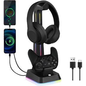 Controller Charger with RGB Headphone Stand Compatible with Nintendo Switch Pro Controller, Charging Dock for Switch Pro Controller with 2 USB Ports, Headphone and Controller Stand, Black