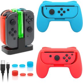 FastSnail Charging Dock and 2 Pack Switch Grips Kit for Nintendo Switch Joy Con & OLED Model, Charger Stand Station with Charging Cable, Wear-Resistant Grip Controller with 6 Thumb Grip