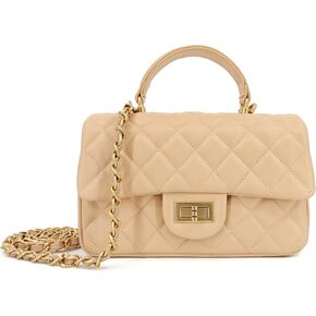 Small Quilted Crossbody Bags for Women, Genuine Leather Shoulder Bag w/Gold Chain Strap, Soft Mini Top Handle Flap Purse