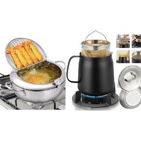 Premium Frying Combo: Japanese Tempura Deep Fryer Pot with Thermometer & 2-in-1 Oil Strainer Pot, 304 Stainless Steel Frying Set for Precise Cooking, Oil Filtration, and Storage – Perfect for Versatil