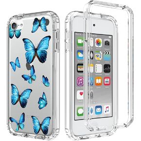 Case for iPod Touch 6/for Touch 5/for Touch 7 Clear Case for Girls, Soft TPU 360 Full Body Shockproof Hybrid Crystal Clear Phone Cover for iPod Touch 5th/6th/7th (Blue Butterfly)