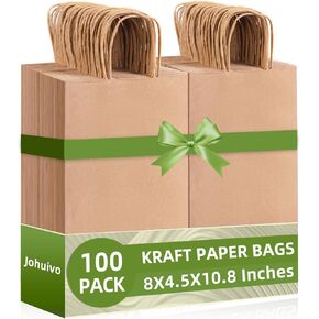 Johuivo Brown Paper Bags With Handles, Medium Size Bulk 100 Pcs Kraft Paper Bags 8x4.5x10.8 Inches - Shopping, Merchandise, Retail, Party, Small Business Grocery, Take-Out Grocery Shopping