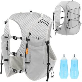 sportsnew Running Vest for Women Men, Lightweight 10L Hydration Backpack with Waterproof Phone Pocket, Breathable Pack for Hiking Trail Running (Grey with 2 x 500ML Soft Flask, M/L: Chest 32''-40'')