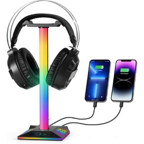 Gaming Headphone Stand, RGB Headset and Controller Stand with 1 USB-C Charging Port and 2 USB Charging Ports, Headphone and Controller Holder with 10 Light Modes for Desk, Gamers, Accessories