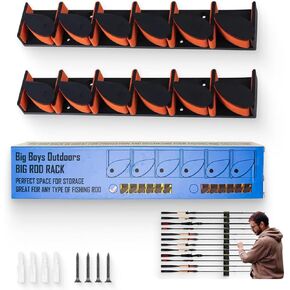 The Big Rod Rack 2 pack Vertical Fishing Rod Holder, Wall Mounted Fishing Rod Rack, Holds Up to 6 Rods or Combos up to 12 (Yellow)