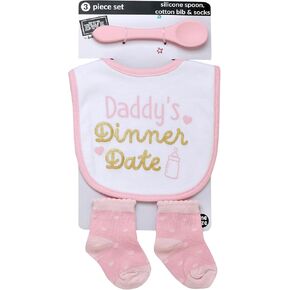 3 Piece Set for Baby with Bib, Food Grade Silicone Spoon and Matching Socks