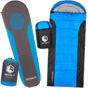 VENTURE 4TH Backpacking Warm Sleeping Bag with Self Inflating Sleeping Pad for Adults & Kids – Ideal for Hiking, Camping & Outdoor Adventures