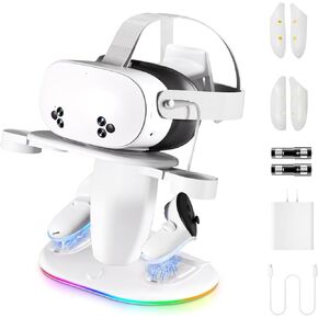 G-STORY Charging Dock for Meta Quest 3/3S Headset Controller with 2 Rechargeable 2100mAh Battery,VR Charging Station for Meta Quest 2 Fast Charging,USB-C Charger and Cable,Support LED Indicator