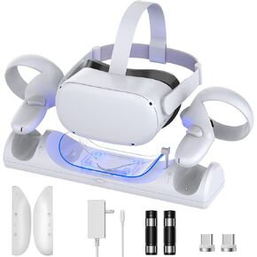 VR Charging Dock for Meta Quest 2, TanReginal Magnetic Charging Station for Oculus Quest 2 VR Headset and Controllers, with 2 Rechargeable 1800mAh Batteries, USB-C Charger and LED Indicators