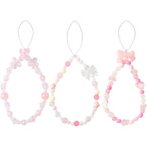 3 Pcs Phone Charm,Phone Charms Strap Acrylic Cute Bow Beaded Pink Phone Charm Lanyard Wrist Chain for Women Girls Cellphone Bag Key Accessories Camera Pendants Decor