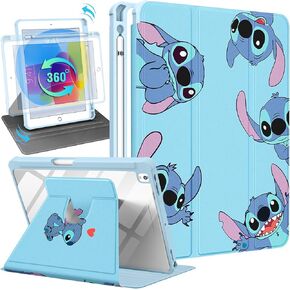 Besoar for iPad 9th/8th/7th Generation 10.2 inch Case Cute Cartoon Kawaii for Girls Kids Boys Girly Women Design Covers,360 Degree Rotating Folio Stand Pencil Holder for Apple i Pad 9/8/7 Gen,Blue Sti
