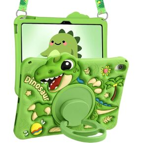 Boaretiu for iPad 10th Generation Case 2022 10.9 Inch/for iPad (A16) 11th Generation 11 Inch 2025 - for Girls Teens Soft Silicone Cute with Shoulder Strap & Rotating Stand, Green Dinosaur