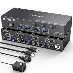 HDMI KVM Switch 2 Monitors 3 Computers 4K@60Hz, 𝐄𝐃𝐈𝐃 𝐬𝐢𝐦𝐮𝐥𝐚𝐭𝐢𝐨𝐧，Dual Monitor KVM Switch for 3 Computers Share 2 Displays and Keyboard Mouse Printer, Wired Remote and 5 Cables Included